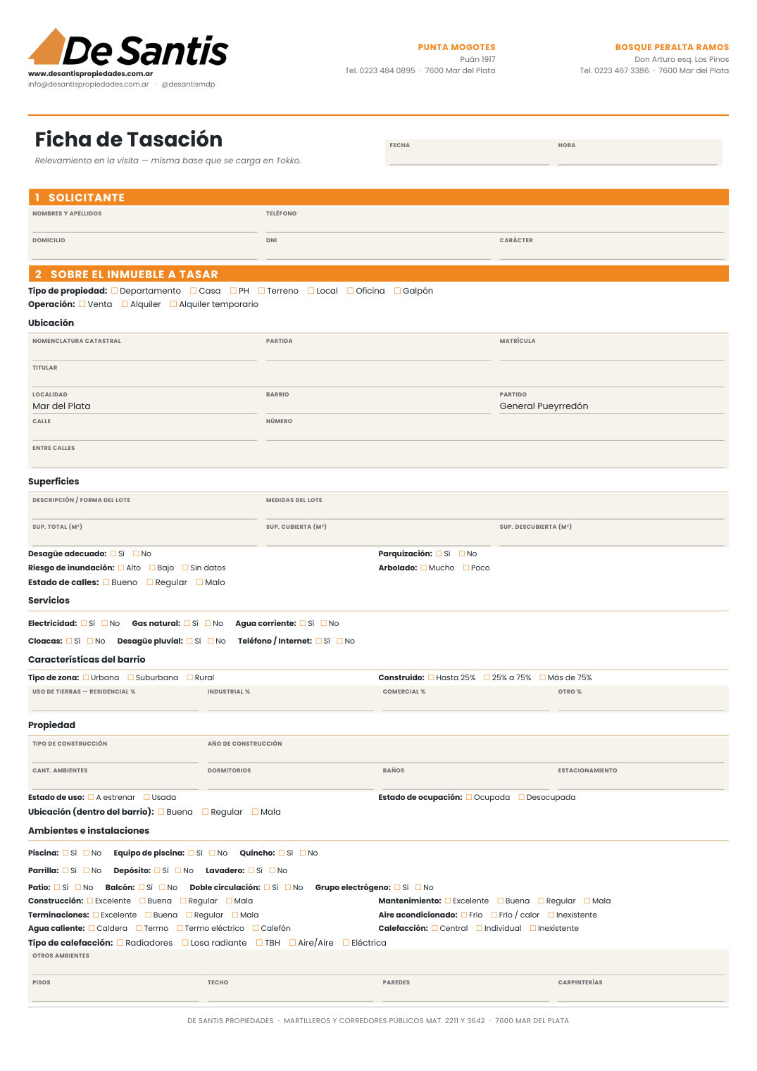 Ficha de tasación que completamos en la visita